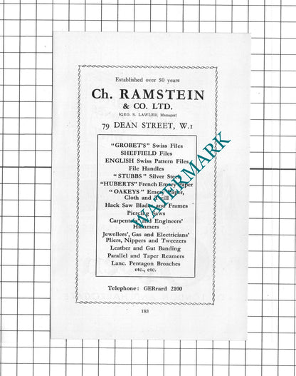 James R Ogden London Harrogate / Charles Ramstein & Co Ltd -1939 Small Advert