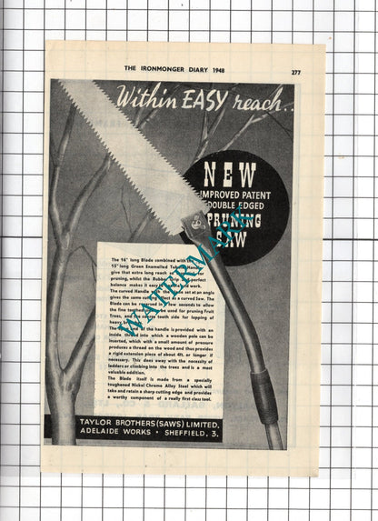 Taylor Brothers Saws Ltd Sheffield / Dalton Ballard & Co London  - 1948 Advert