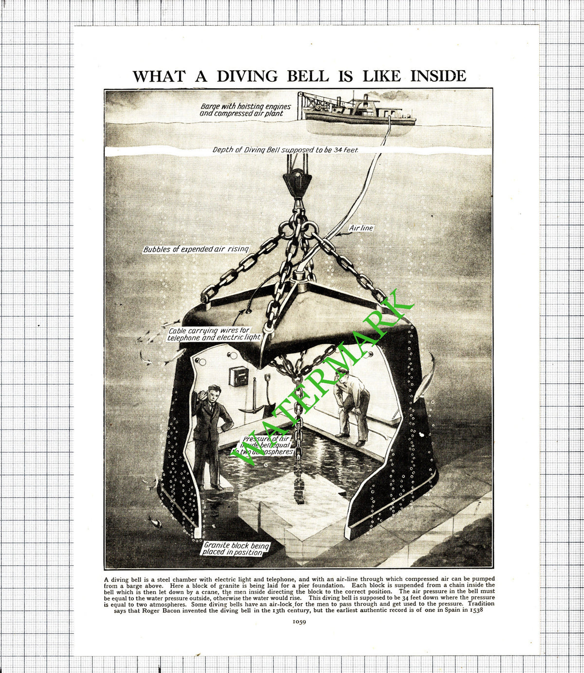 Inside Of A Diving Bell - c.1940s Cutting / Print