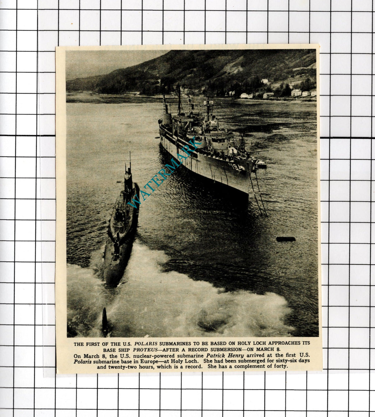 US Submarine PATRICK HENRY Ship PROTEUS  Holy Loch - 1961 SMALL News Cutting