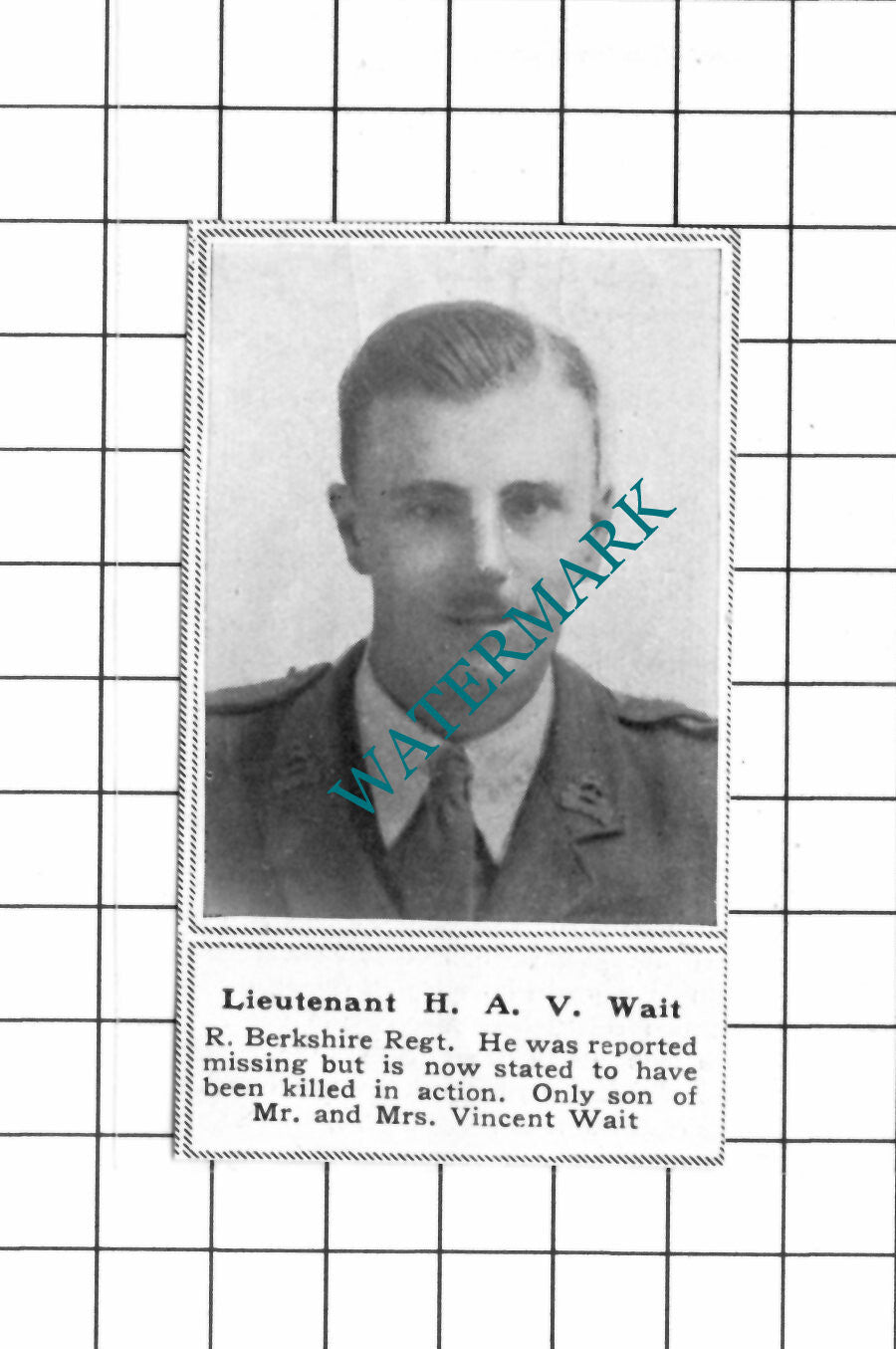 Lt H A V Wait Royal Berkshire Regt   Vincent WW1 - c.1918 SMALL Clipping / Print
