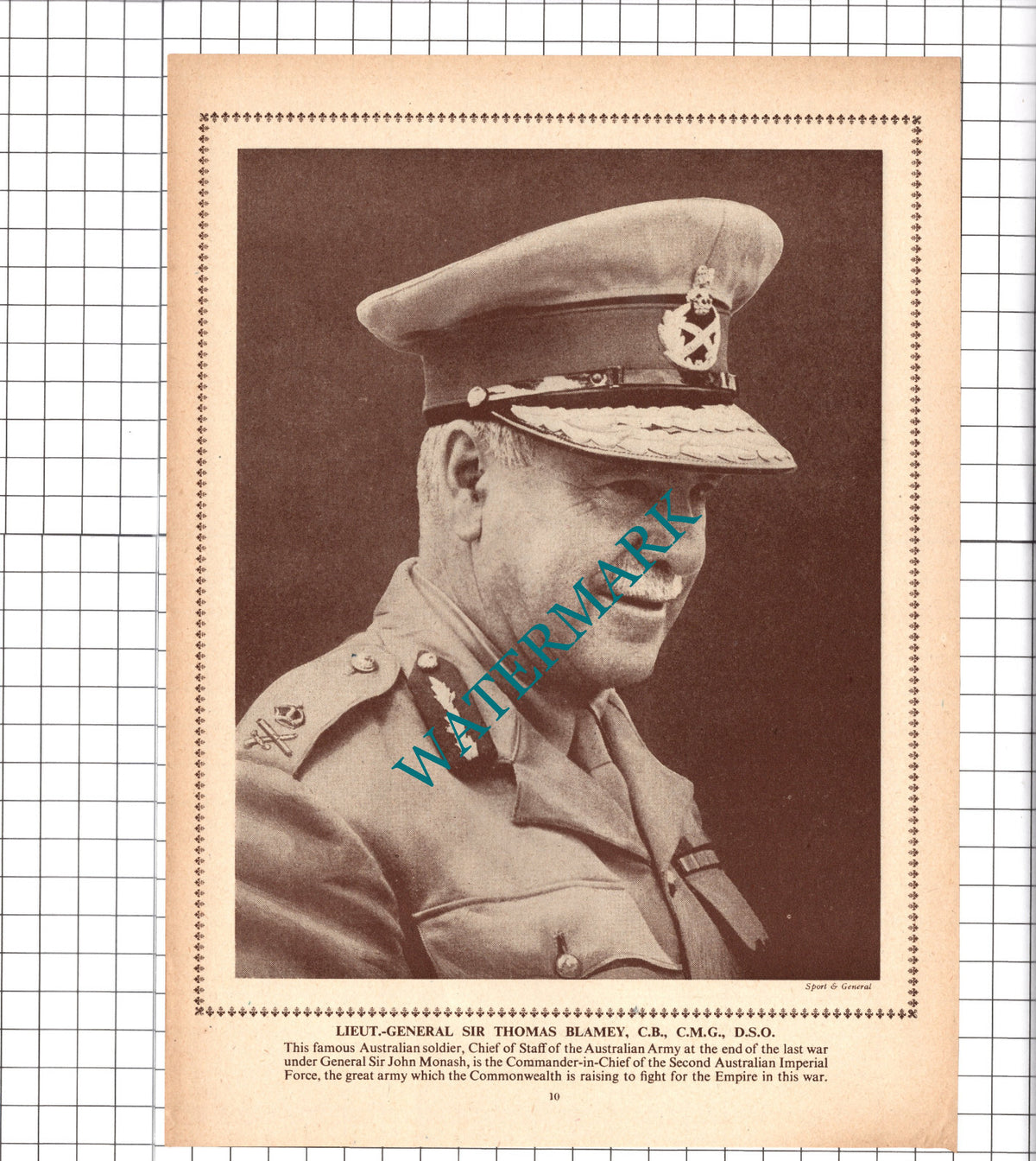 Lt Gen Sir Thomas Blamey World War Two WW2  - 1940 Clipping / Print