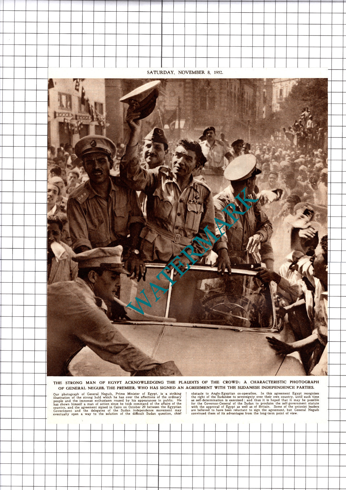 General Neguib Prime Minister Of Egypt - 1952 Cutting / Print