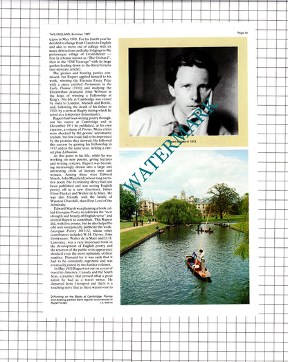 Rupert Brooke Soldier Poet - 1987 Article