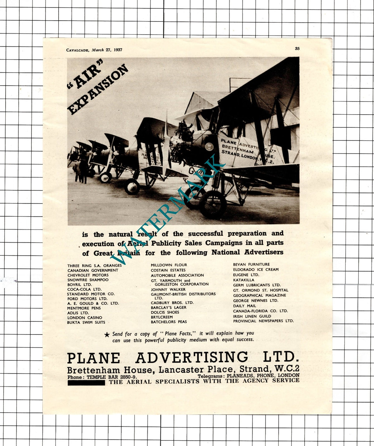 Plane Advertising Ltd  Brettenham House Strand London Advert   - 1937