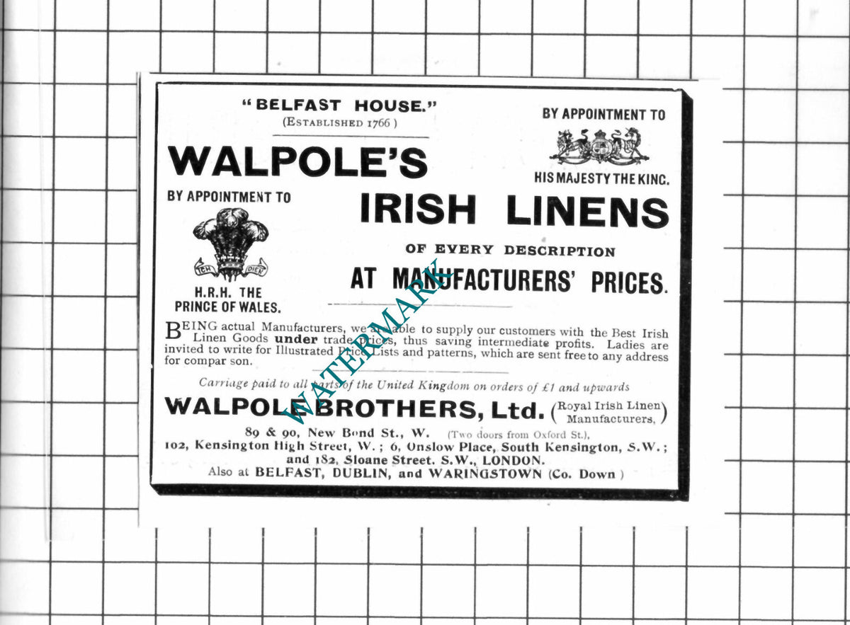 Walpole Brothers Ltd Irish Linens Small Advert - 1903 Clipping