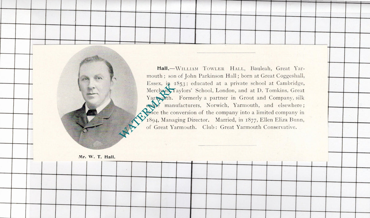 Mr William Towler Hall Bauleah Great Yarmouth Norfolk - 1911 Clipping