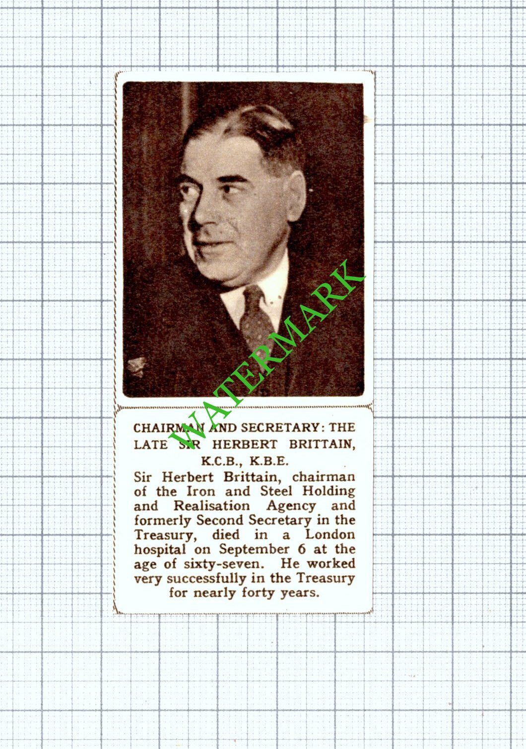 Sir Herbert Brittain Obituary  - 1961 Small Cutting