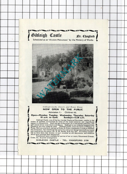 Gidleigh Park Hotel Chagford Devon LW Daniel / Gidleigh Castle -c.1940s Advert