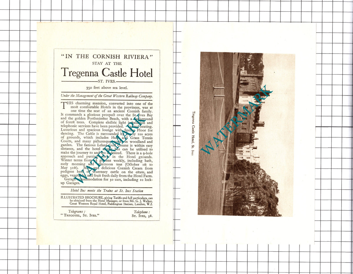 Tregenna Castle Hotel St Ives Cornwall Advert - 1930 Two-Part Cutting / Print