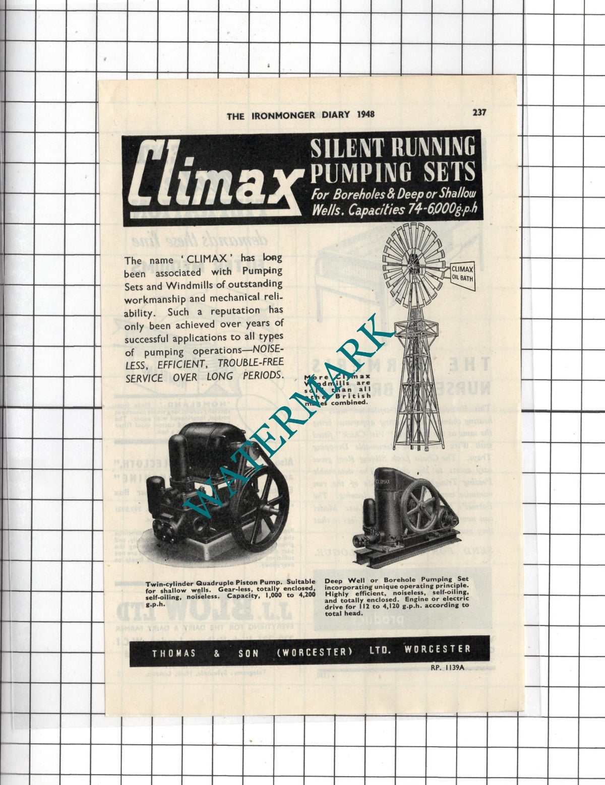 Thomas & Son Worcester Ltd Climax Pumping Sets - 1948 Small Advert