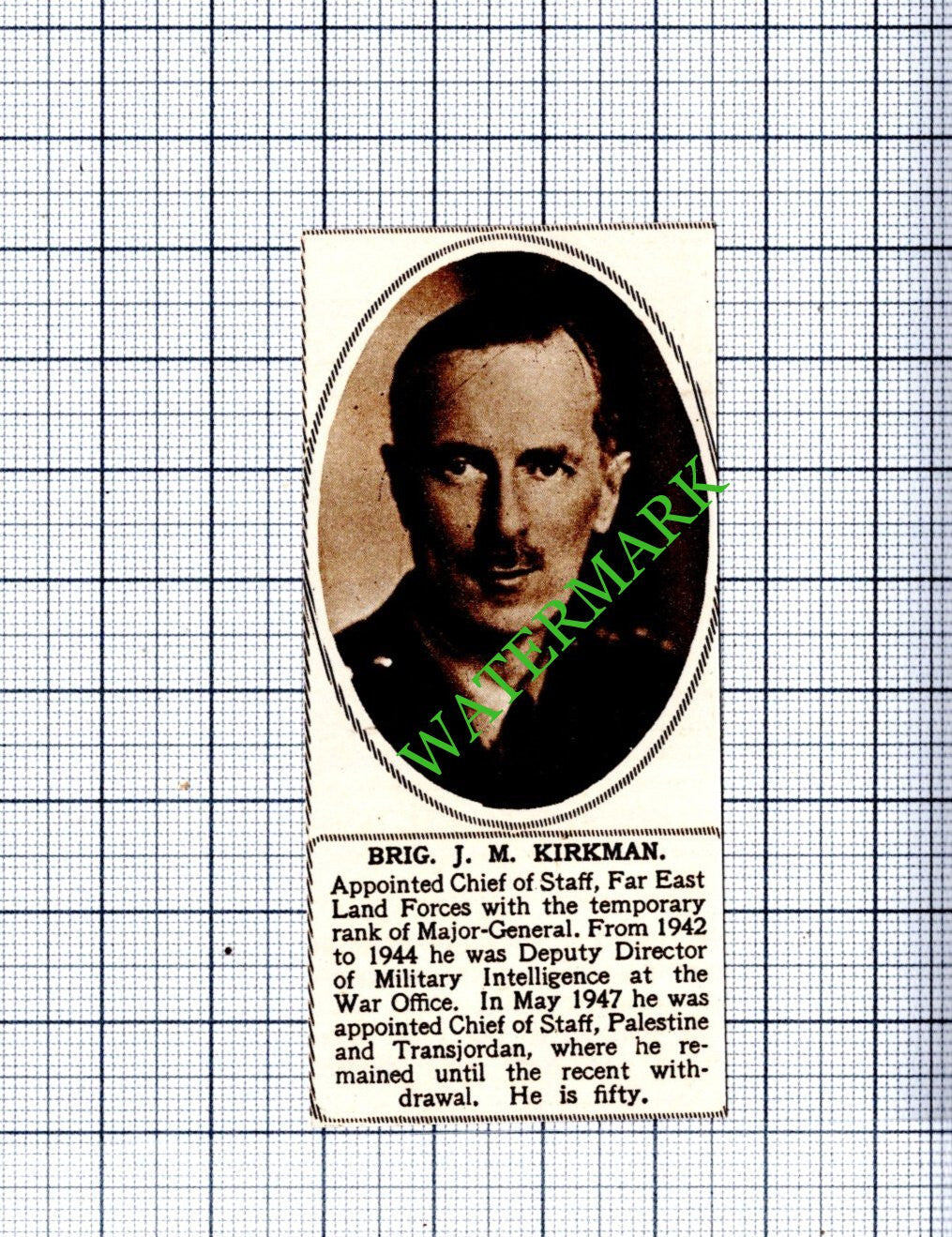 Brig J M Kirkman Far East Land Forces -  1948 SMALL  Cutting
