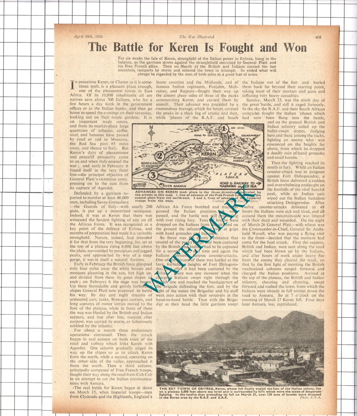 Battle Of Keren  WW2  World War Two - 1941 Cutting / Print