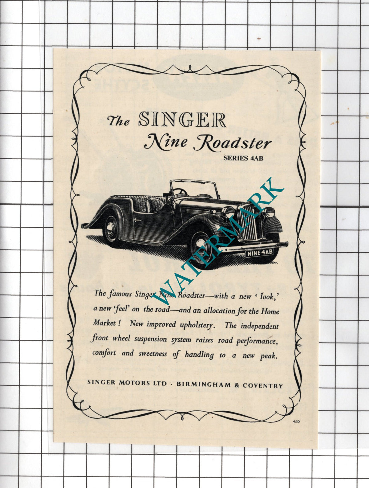 Singer Nine Roadster Car Advert - 1951 Small Cutting