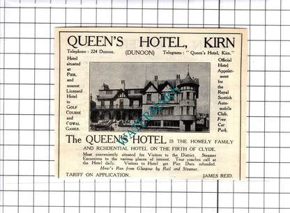 Queen's Hotel Kirn James Reid / Glen Tower Dunoon Dallas Advert-1939 Cutting