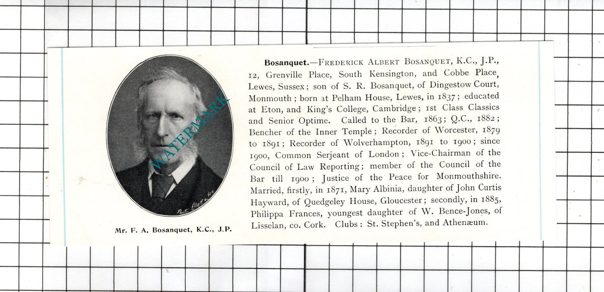 Mr Frederick Albert  Bosanquet  Cobbe Place Lewes Sussex   - c.1905 Clipping