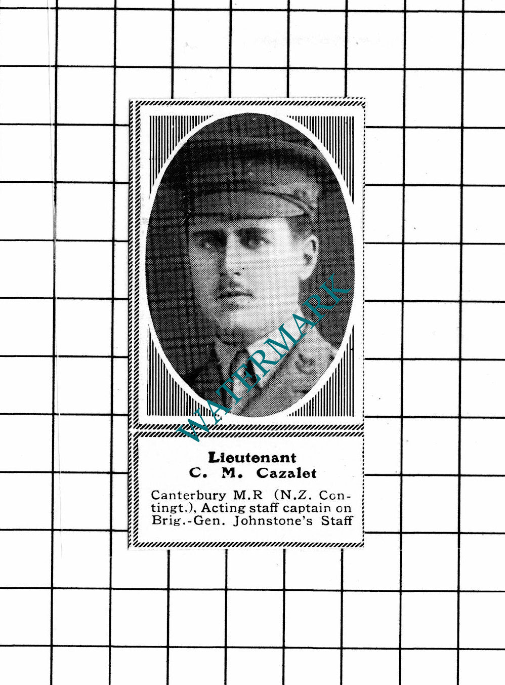 Lt C M Cazalet Canterbury MR  WW1   - c.1918 SMALL Clipping / Print
