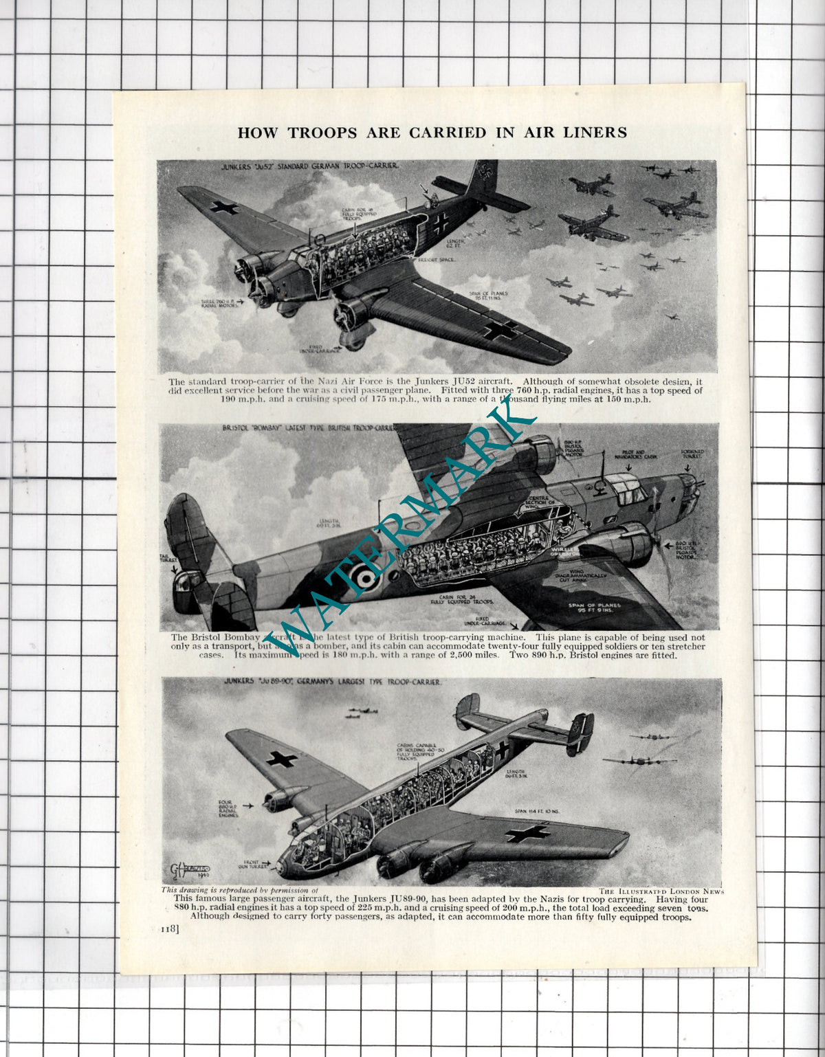 Air Liners Junkers JU52 Bristol Bombay Junkers JU89-90  WW2 - 1940's Cutting