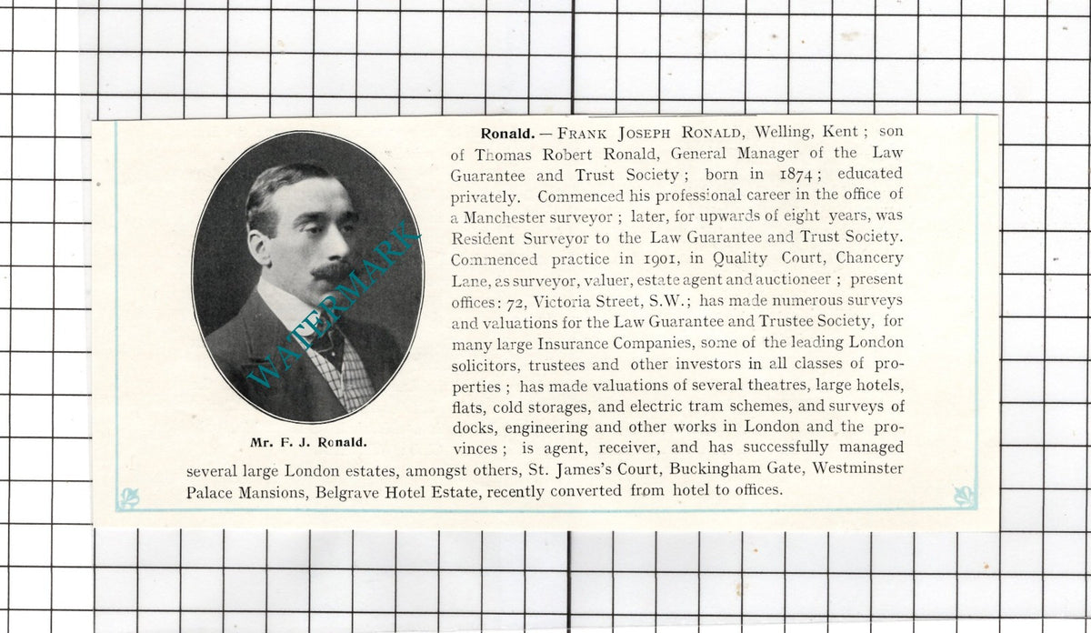 Mr Frank Joseph Ronald Welling Kent  - c.1905 Clipping