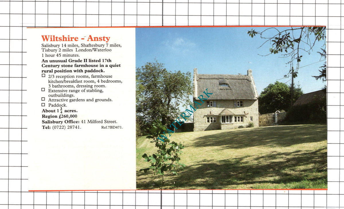 Ansty Wiltshire Farm House Sale Advert - c.1990 Clipping / Print