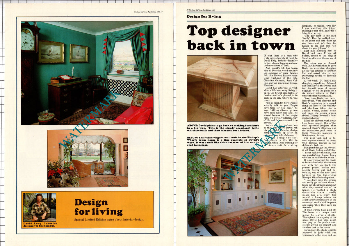 David Long Interior Designer - 1989 Article / Print