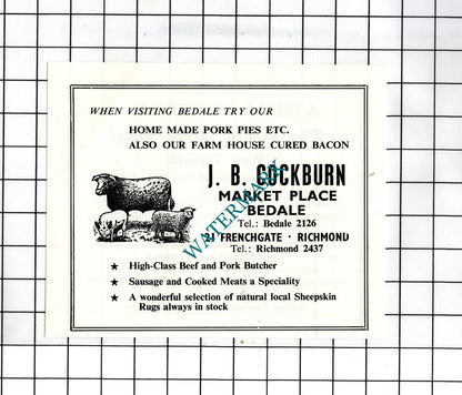 J B Cockburn Bedale / Bruce Arms Hotel West Tanfield Airth  -c.1968 Small Advert