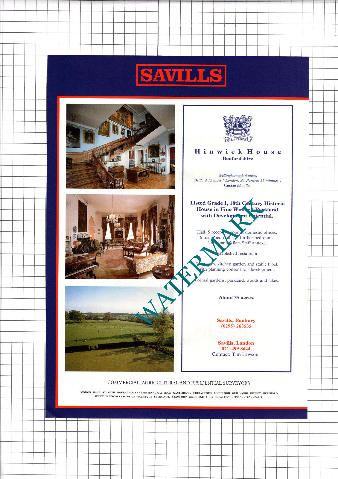 Hinwick House Bedfordshire Sale Advert  - 1991 Two-Part Clipping / Print