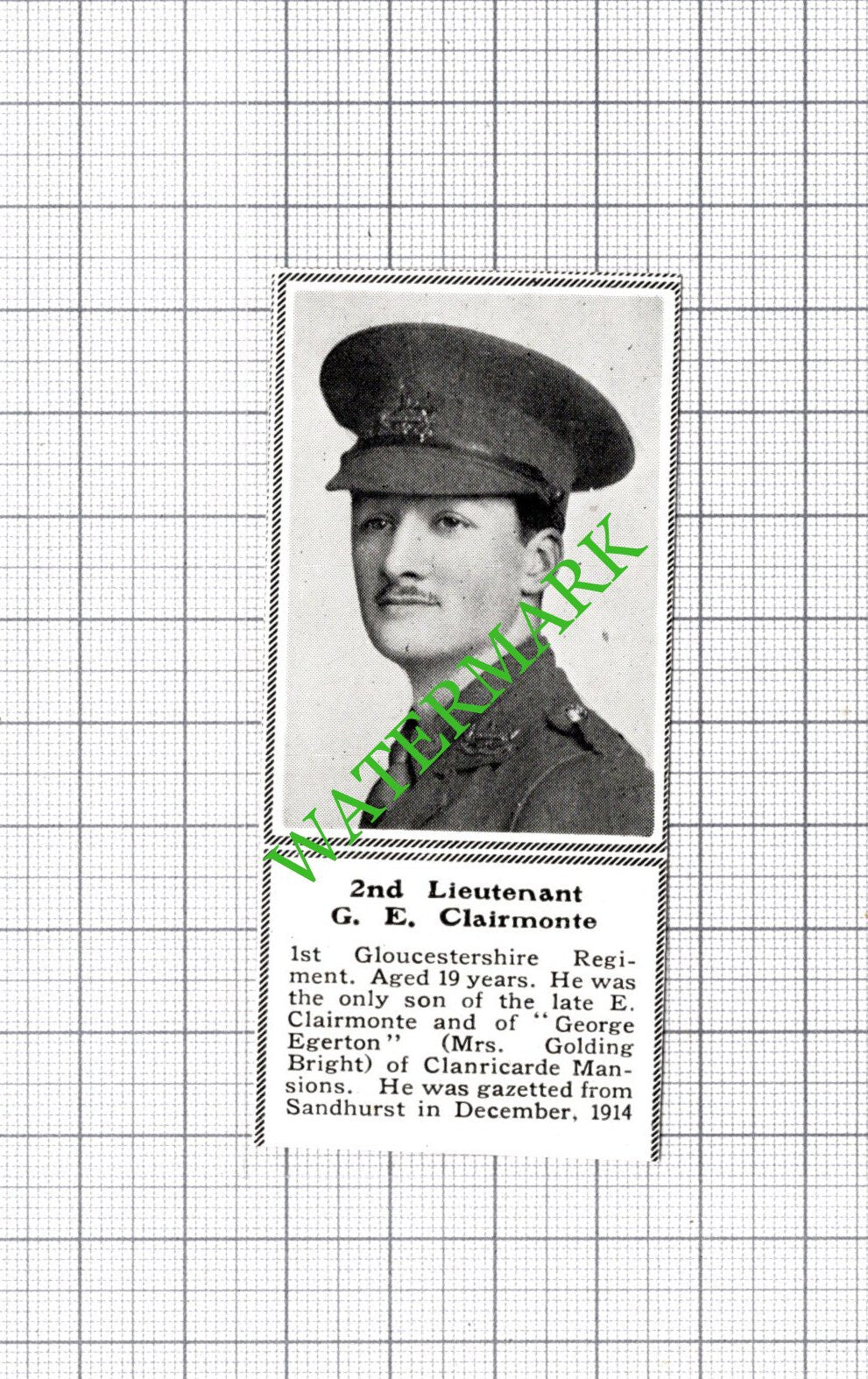 2nd Lt G E Clairmonte 1st Gloucestershire Reg Egerton WW1 -c.1918 SMALL Cutting
