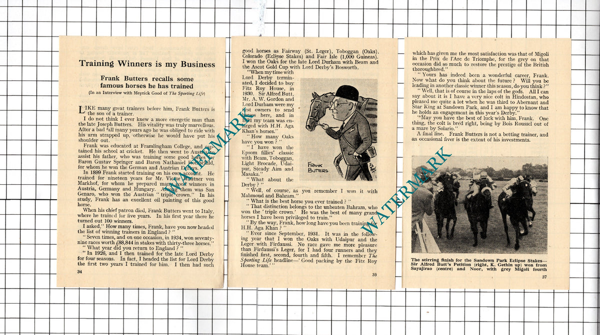 Frank Butters Racehorse Horse Trainer - 1949 Small Article