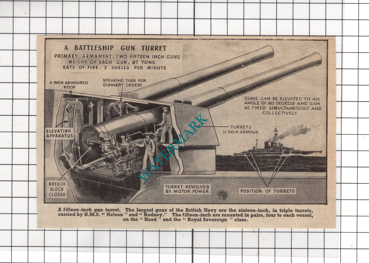 British Navy Gun Turret Diagram World War Two WW2  - 1939 Small Clipping