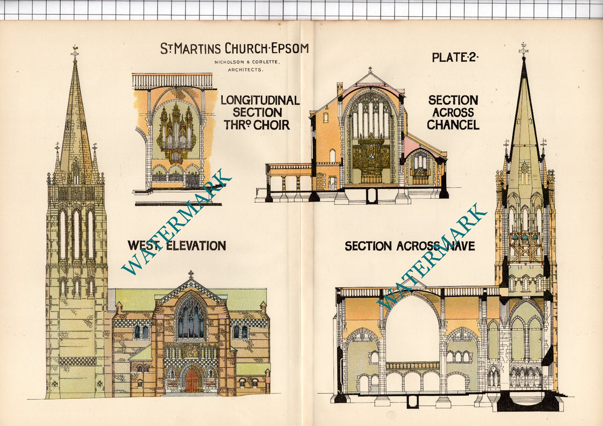 St Martins Church Epsom Surrey Nicholson & Corlette  - TWO Pullout Prints c.1910