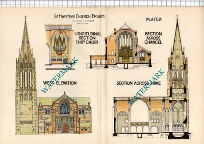 St Martins Church Epsom Surrey Nicholson & Corlette  - TWO Pullout Prints c.1910
