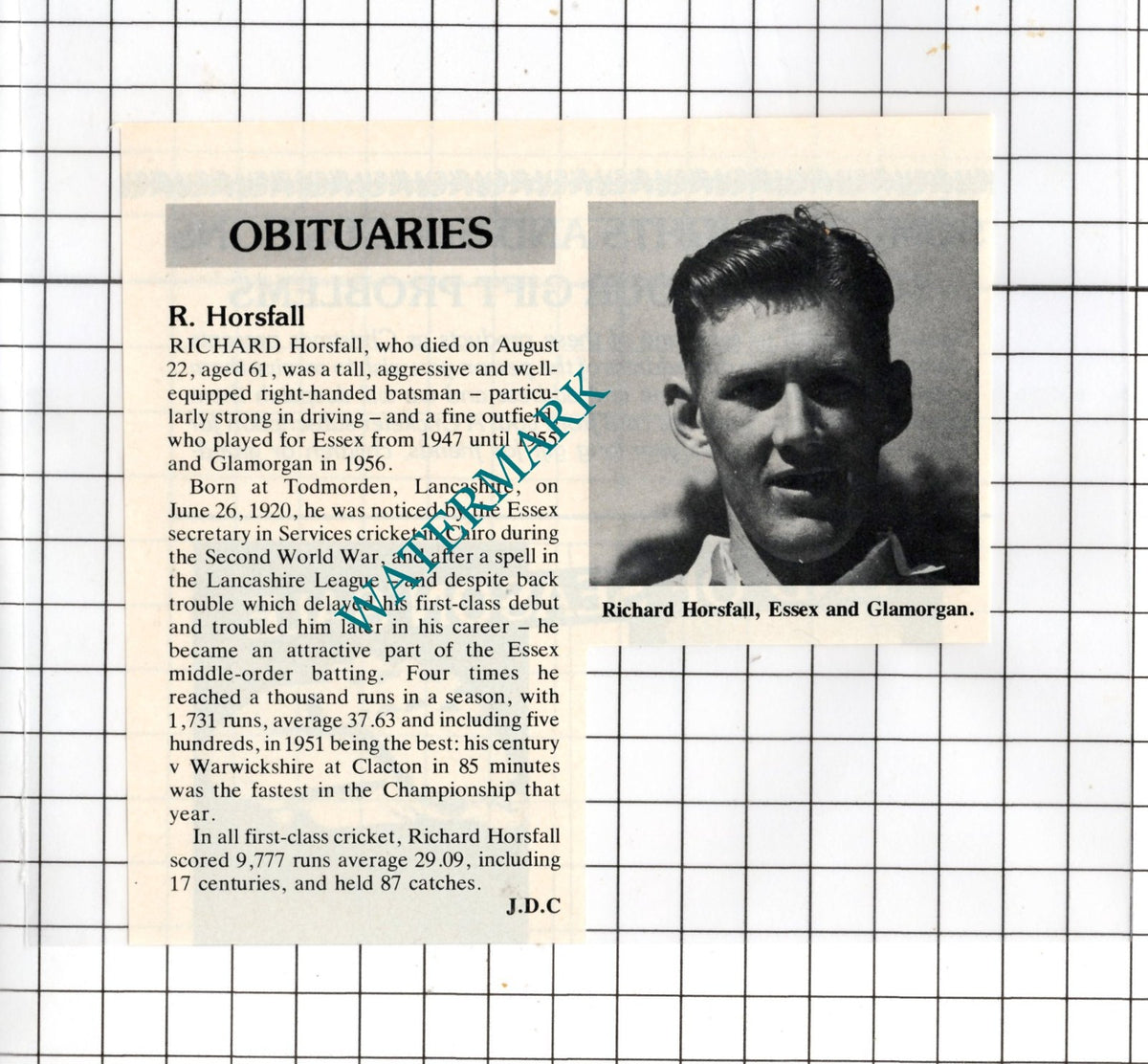 Richard Horsfall Cricketer Obituary - 1981 Small Clipping