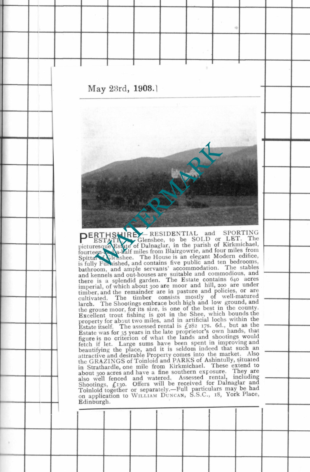 Estate Of Dalnaglar Glenshee Perthshire Sale Advert  - 1903 SMALL Clipping
