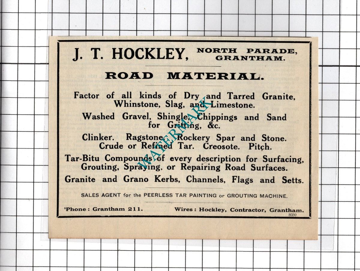 J T Hockley North Parade Grantham  - 1927 Small Advert