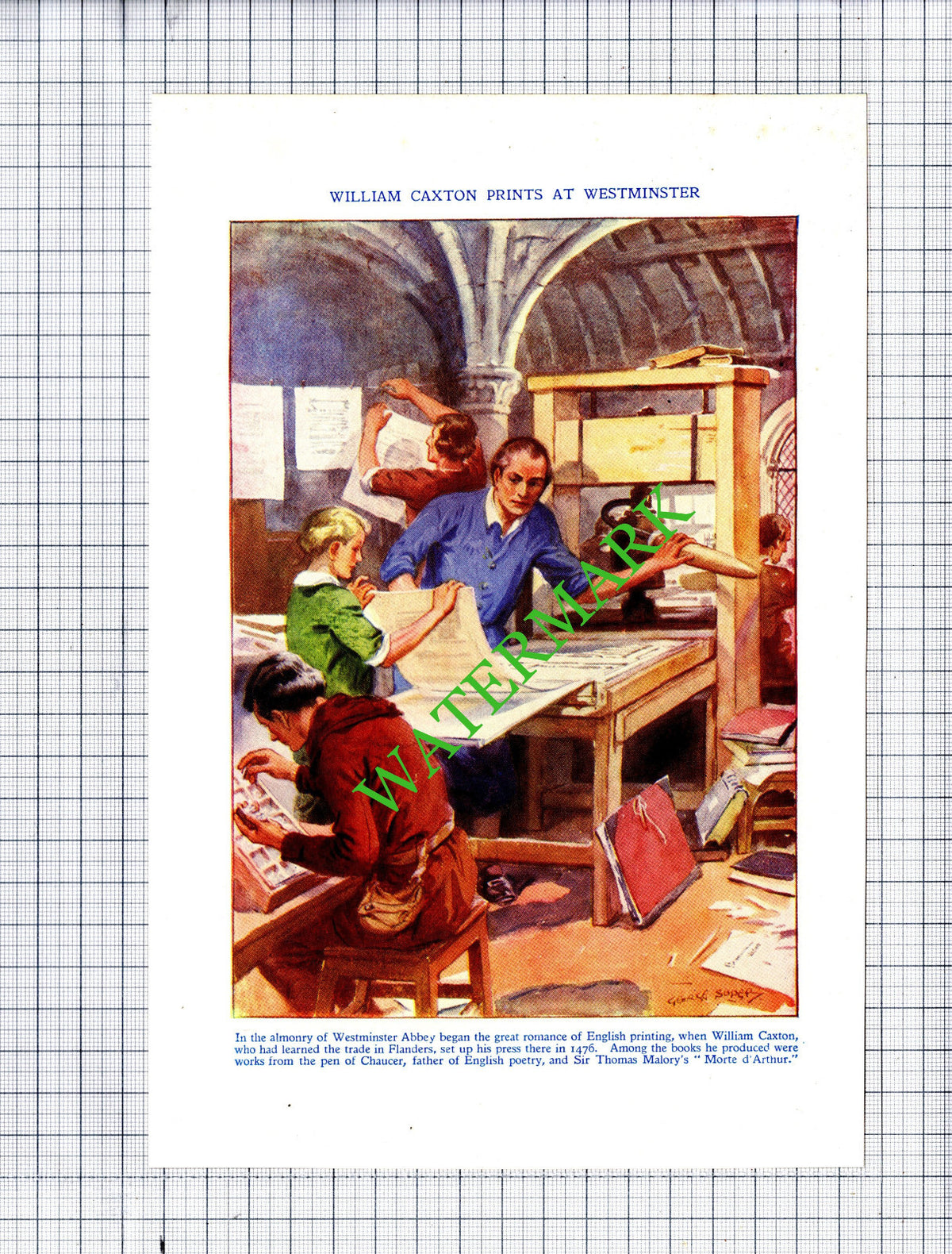 William Caxton Printing Press Westminster Abbey - c.1940s Print