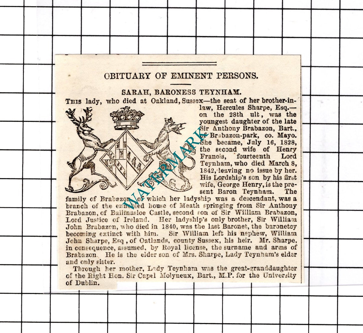 Sarah Baroness Teynham Oakland Sussex Brabazon Obituary -  1854 SMALL Clipping