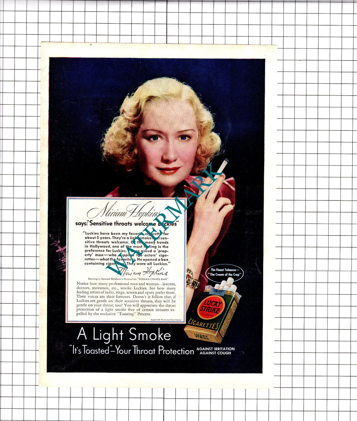 Miriam Hopkins Lucky Strike Cigarettes Advert - 1937 Clipping / Print