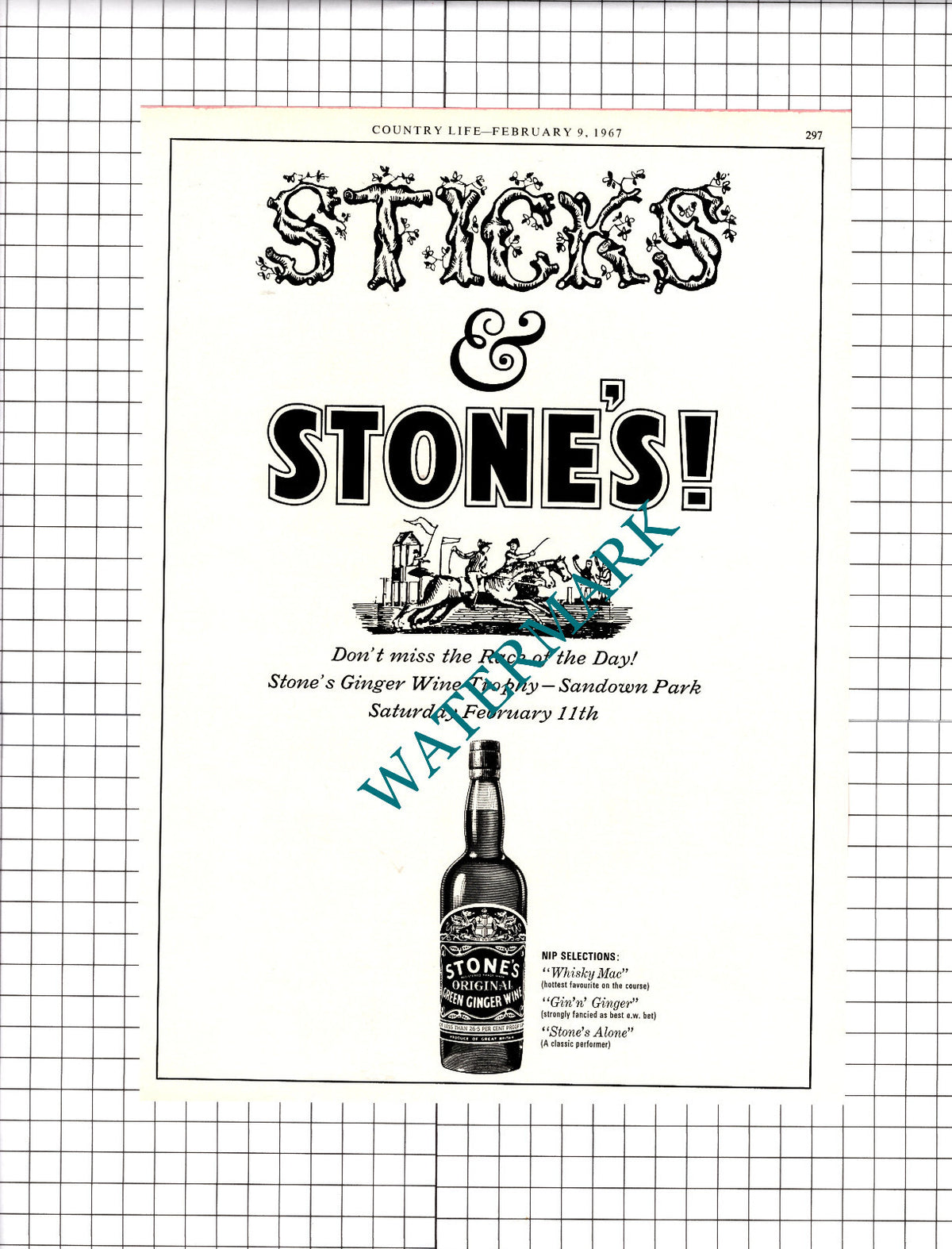Stone's Ginger Wine Advert Sandown Park - 1967 Cutting  / Print