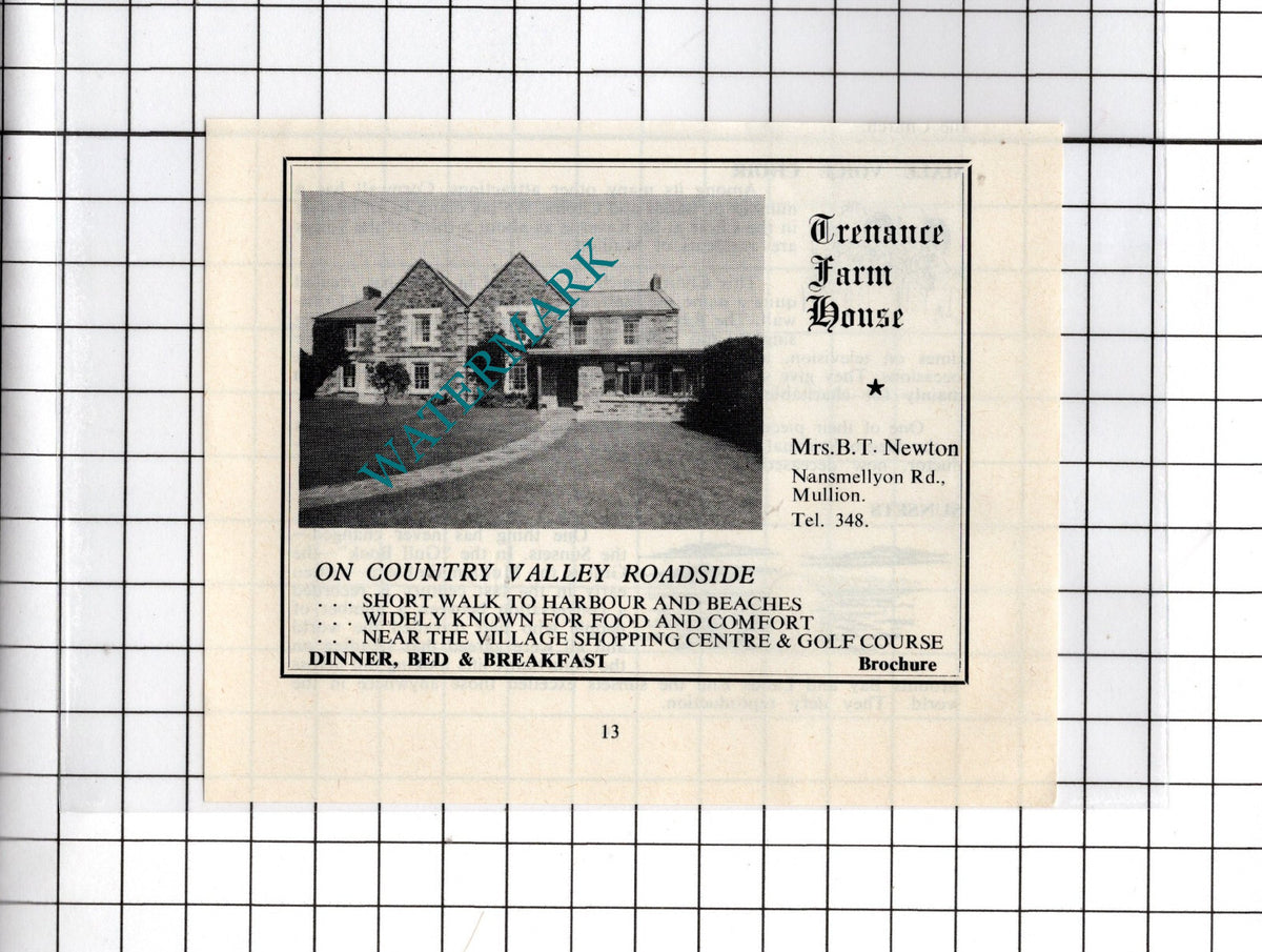 Trenance Farm House Mullion Cornwall Mrs B T  Newton  - c.1969 Small Advert
