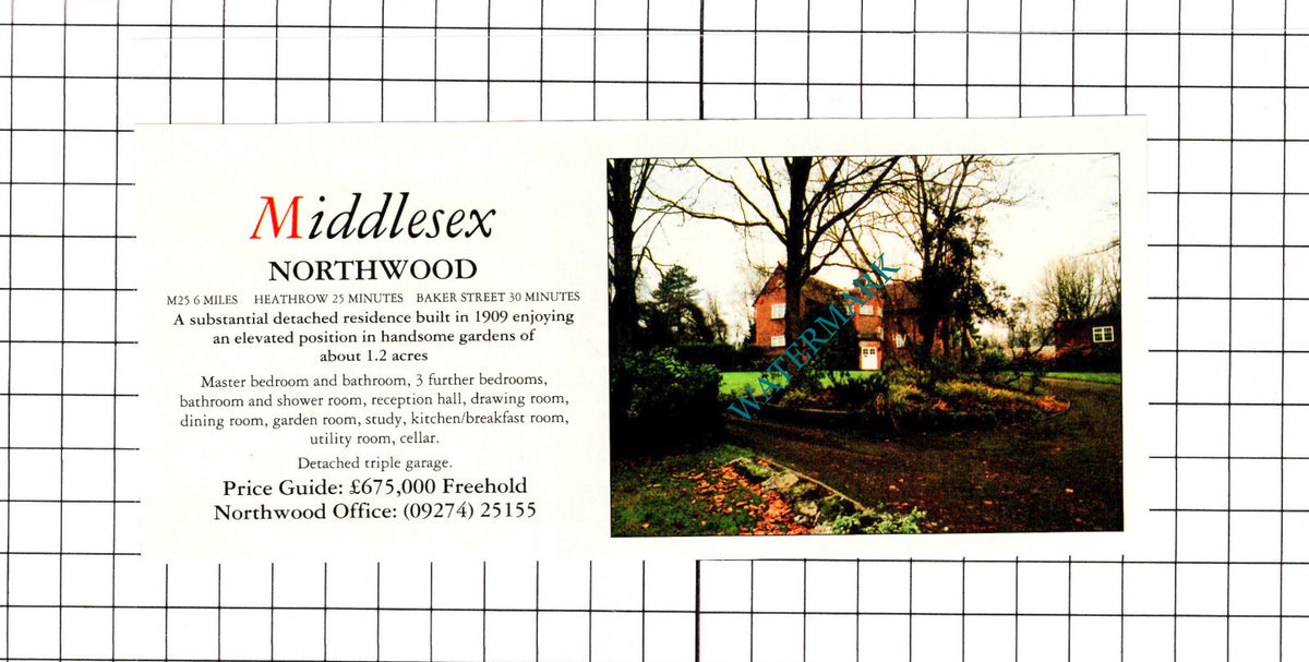 Northwood Middlesex House Sale Advert - 1991 Clipping / Print