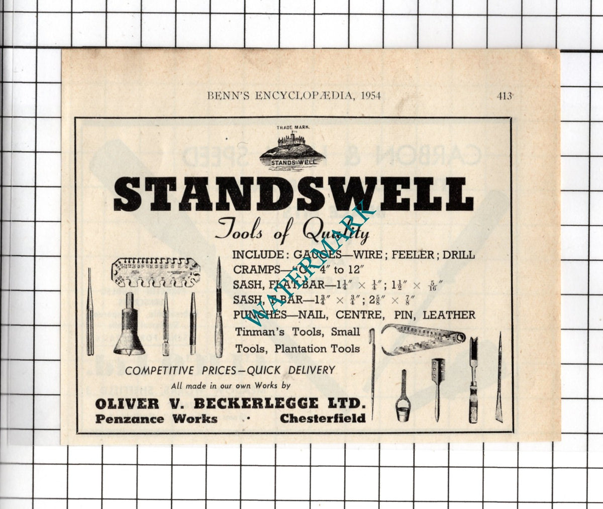 Oliver V Beckerlegge Ltd Penzance Works Chesterfield - 1954 Small Advert
