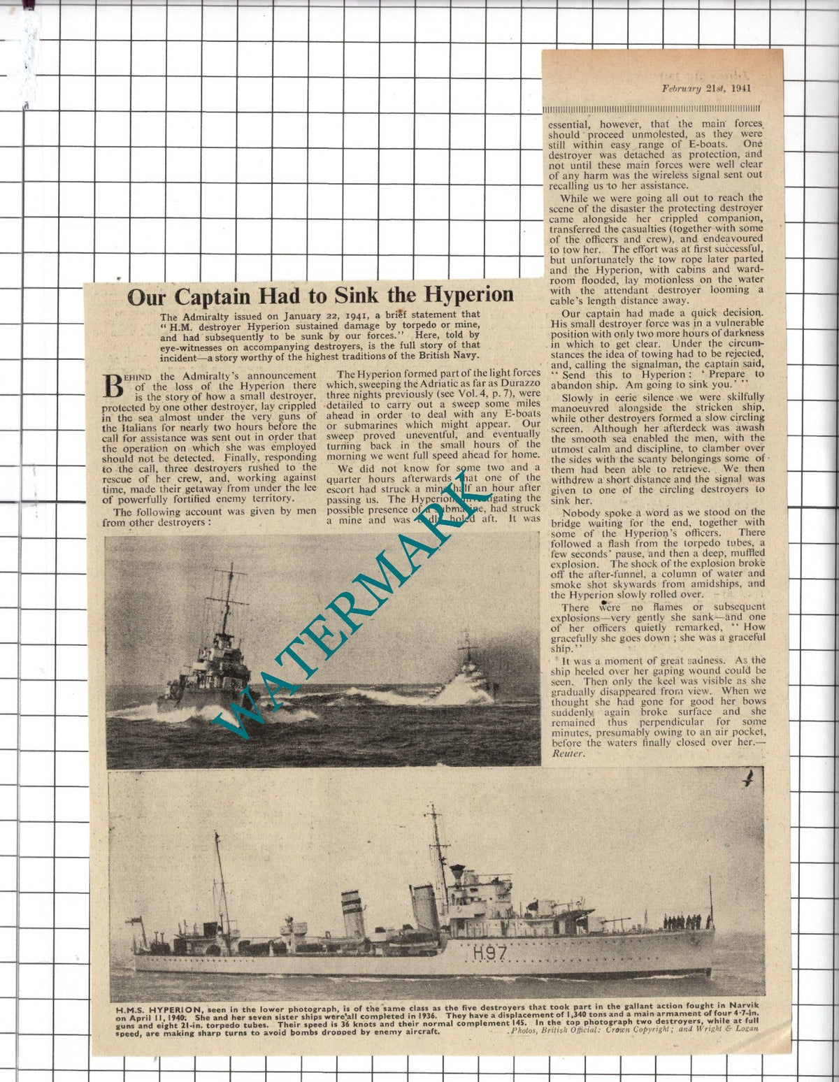 HMS Hyperion Ship  WW2  - 1941  News Clipping
