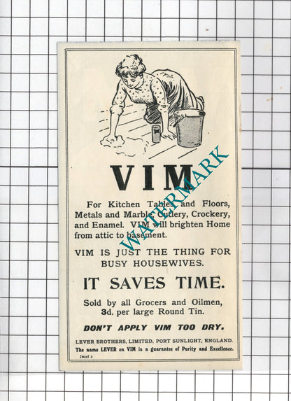 Vim Advert Vim Cleaner Lever Brothers Ltd  - c.1920 Small Double-Sided Advert