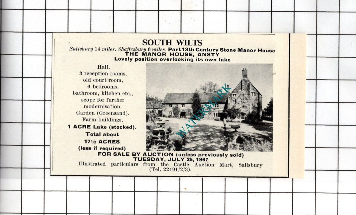 The Manor House Ansty Wiltshire   - 1967 SMALL House  Advert