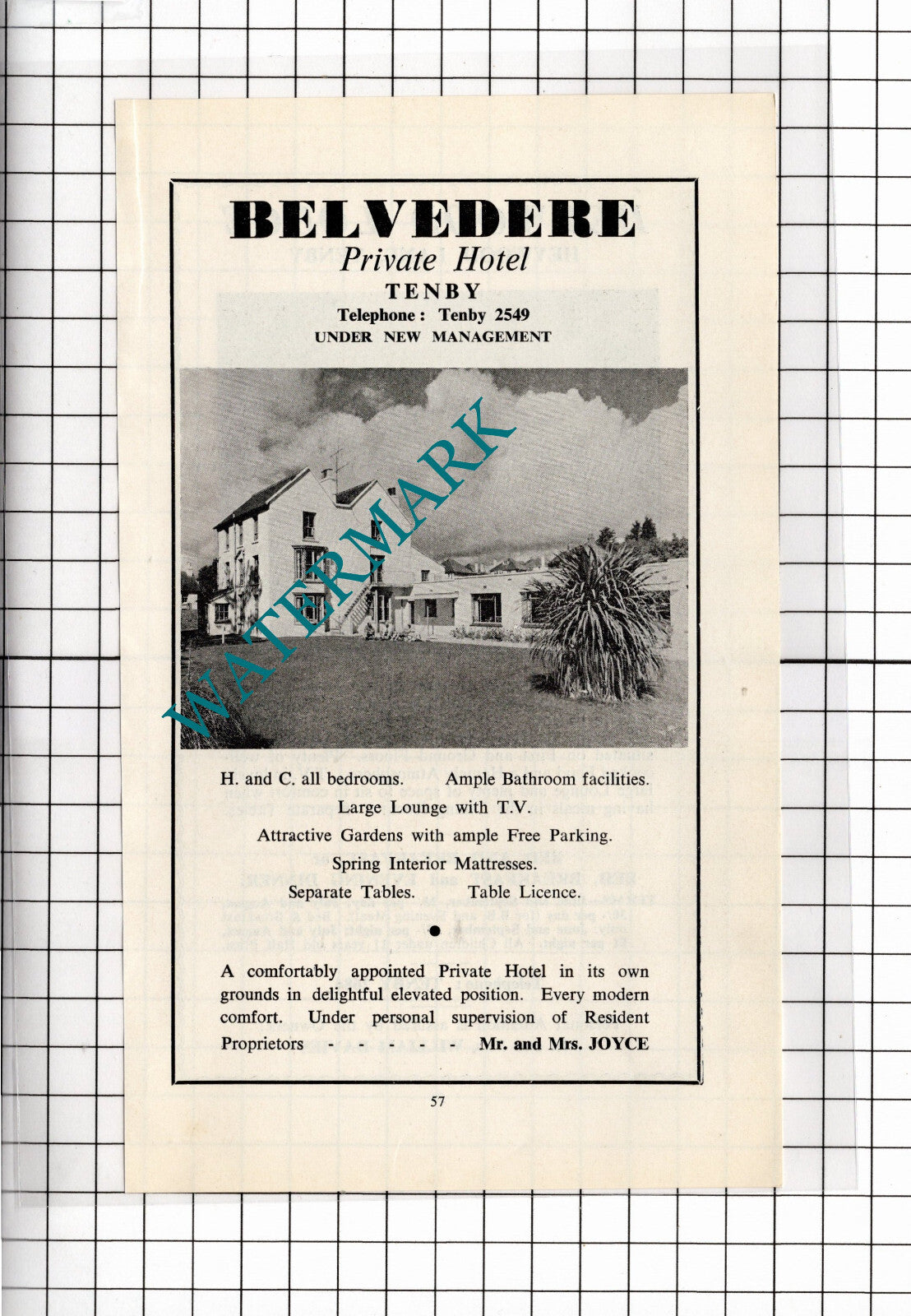 Heywood Lodge Tenby William Davies / Belvedere Hotel Tenby Joyce - 1962 ADVERT