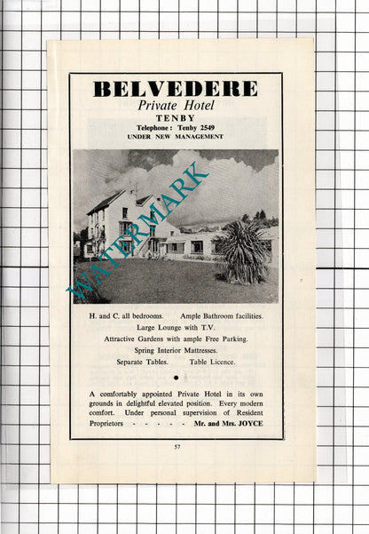 Heywood Lodge Tenby William Davies / Belvedere Hotel Tenby Joyce - 1962 ADVERT