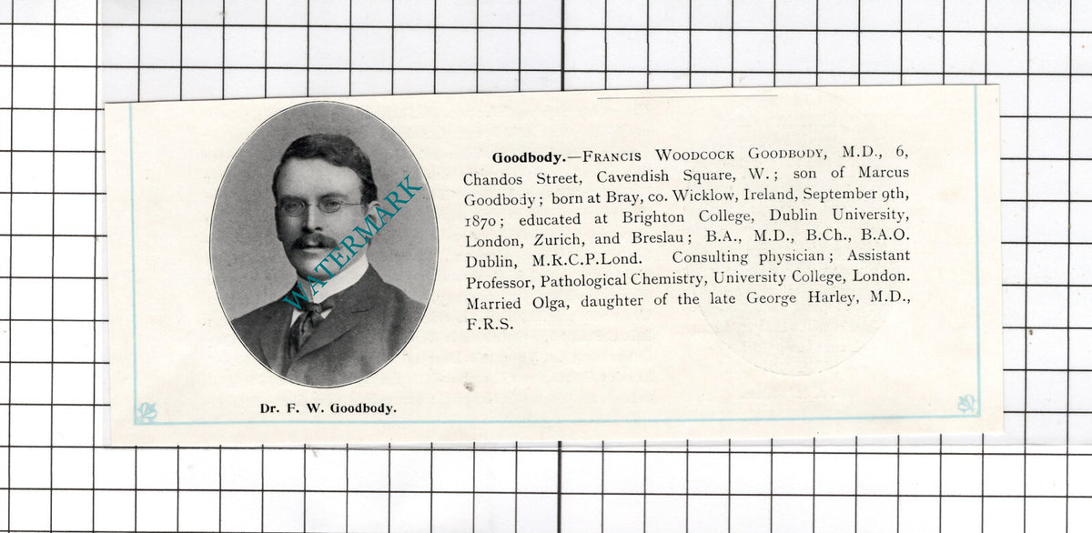 Dr Francis Woodcock Goodbody Bray Wicklow Ireland  - c.1910 Cutting