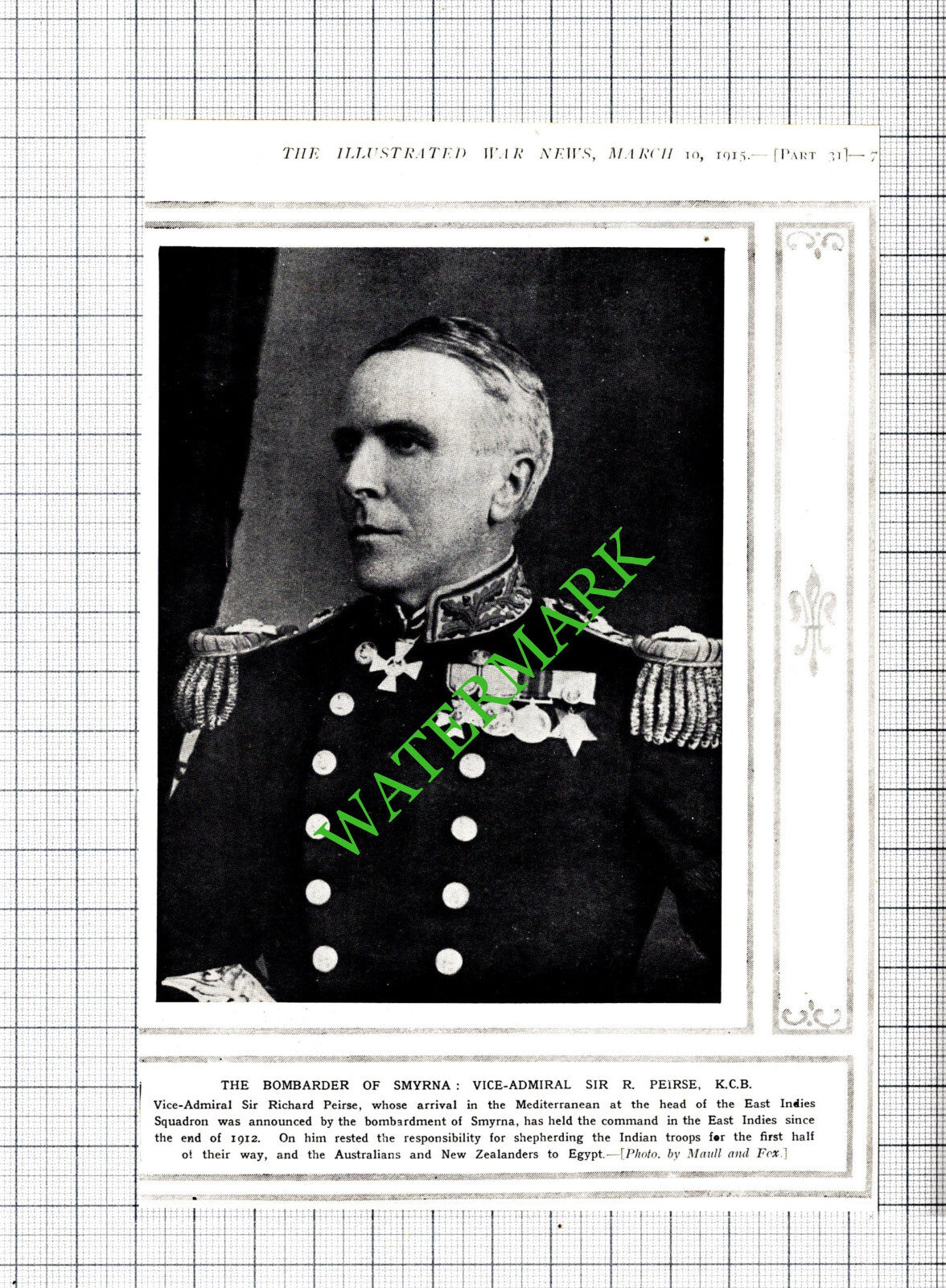 Vice Admiral Sir Richard Peirse Smyrna World War One WW1  - 1915 Cutting