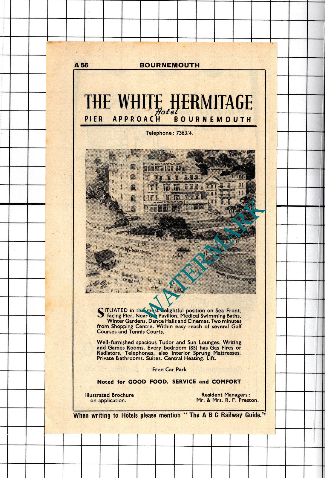 The White Hermitage Hotel Bournemouth / Linden Hall Hydro Advert - 1958 Cutting